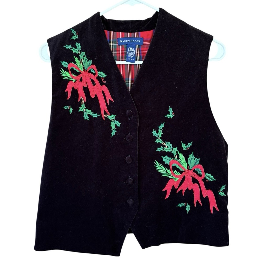 Vintage Velvet Ugly Christmas Vest Womens‎ Small Karen Scott Black Embroidered